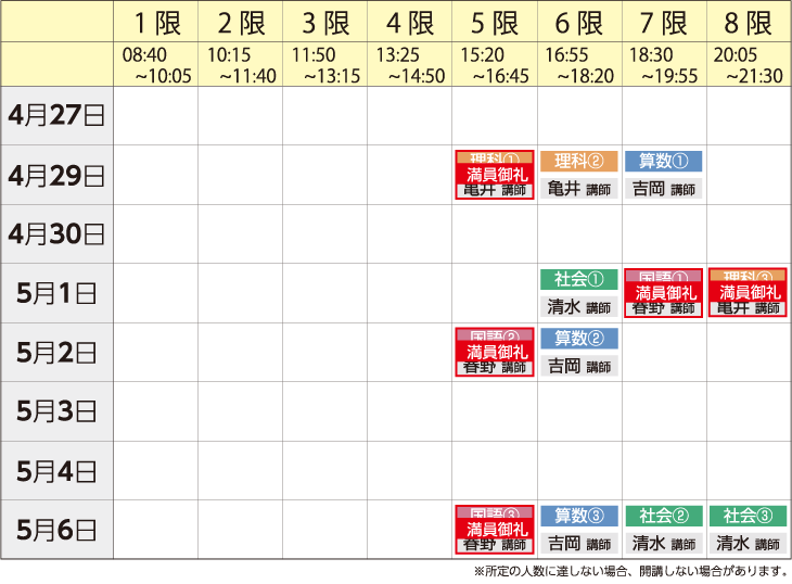 中学受験ドクター 代々木校 6年生 春期講習 少人数授業スケジュール