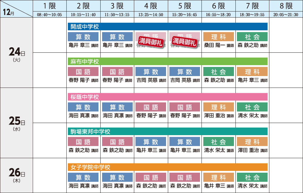 中学受験ドクター　夏期　御三家・付属校対策講座スケジュール